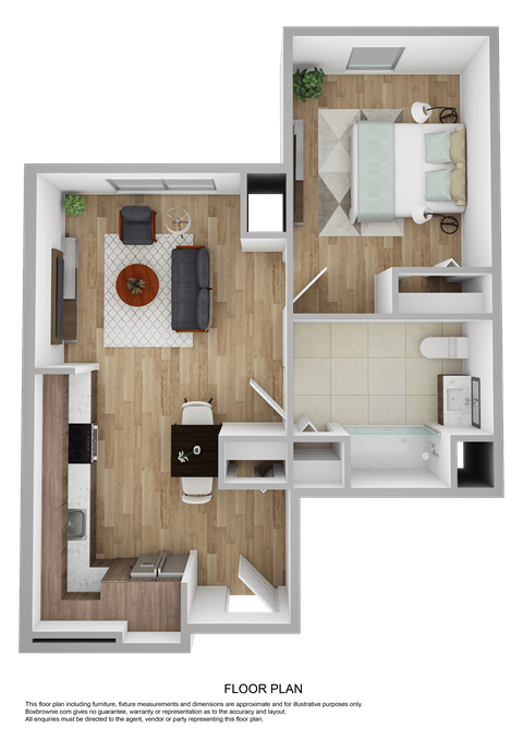 a 3d rendering of a floor plan with a bedroom and a living room